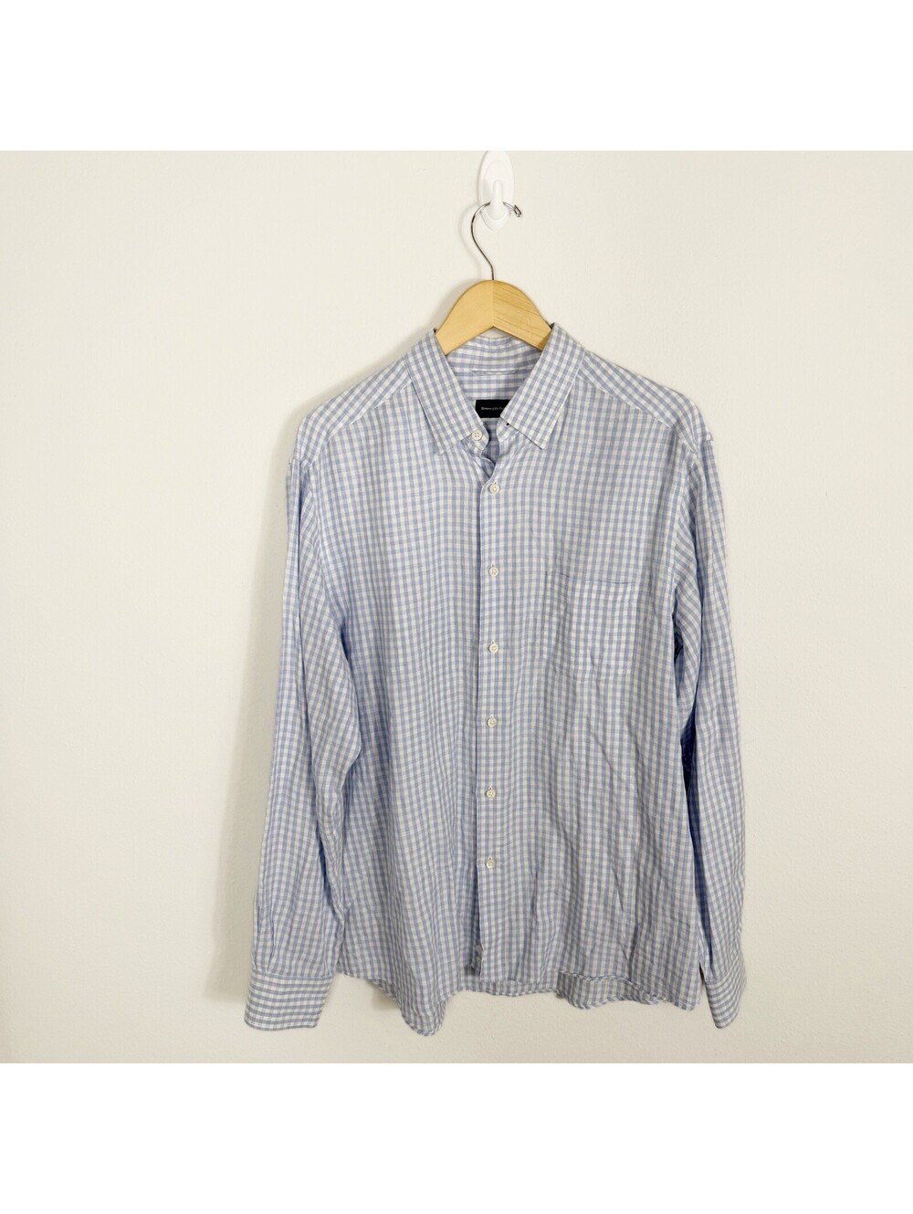 Ermenegildo Zegna Mens XL Blue White Gingham Linen Blend Long Sleeve Button Up